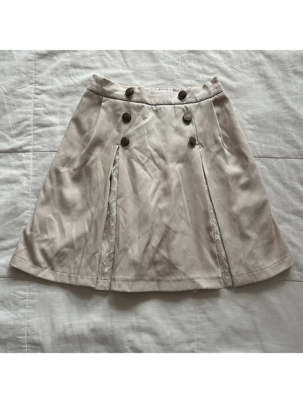 Axes Femme Ivory White Floral Lace Inset Gold Button A-Line Mini Skirt M Japan